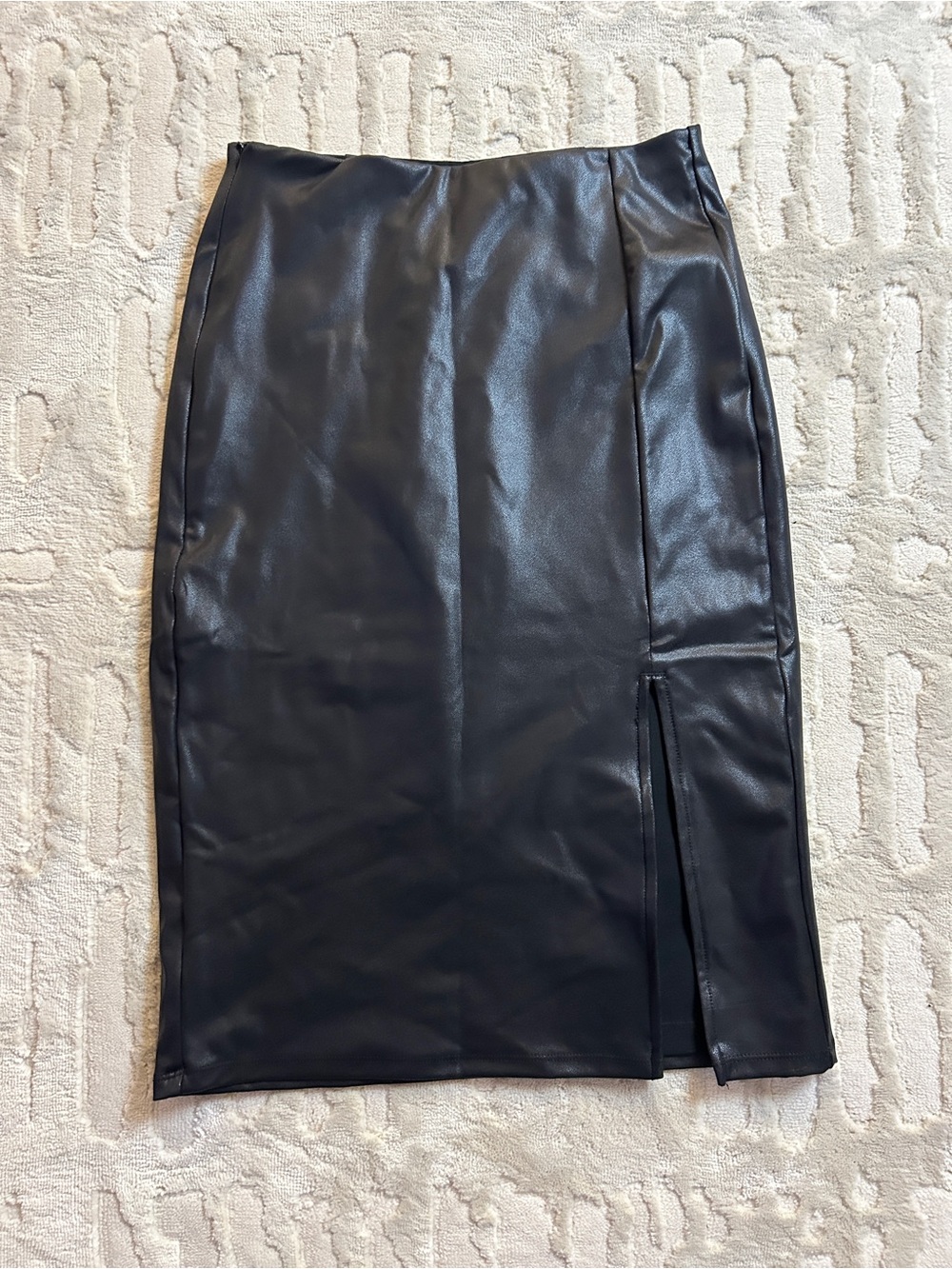 Lush Black Faux Leather Pencil Skirt with Side Slit